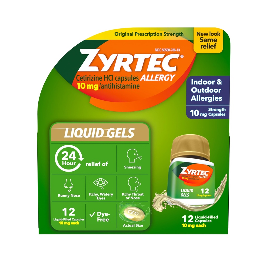 Zyrtec 24 Hour Allergy Relief Liquid Gels, Antihistamine Capsules med Cetirizine HCl Allergy Medicine för All-Day Relief från Runny Nose, Sneezing, Itchy Eyes & More, 12 Count