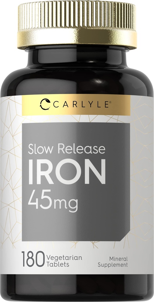 Carlyle Slow Release Iron 45 mg | 180 tabletter | Ferrous Sulfate Mineral Supplement | för Män & Kvinnor | Vegetarian, icke-GMO och Gluten Free Formel