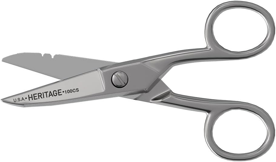 Klein Tools 100CS All-Purpose Precision Scissors, Made in USA, 5,25-tums Nickel-Plated Snips, Blunt Tips och Wire Stripping Notches, Multi-Purpose för professionell och hemanvändning