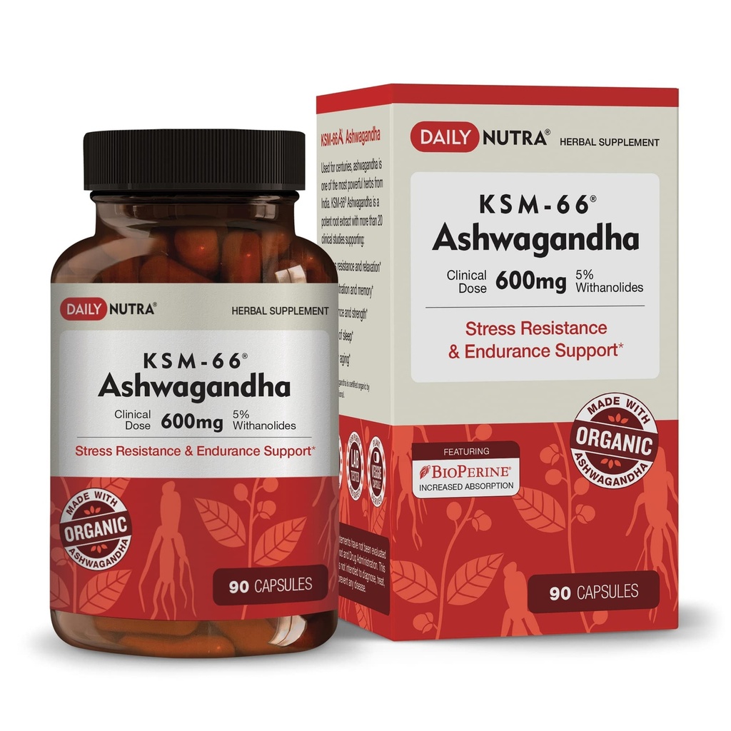 DailyNutra KSM-66 Ashwagandha 600mg Organic Root Extract - High Potency Supplement med 5% Withanolides | Relieves Tiredness, stöder avkoppling, fokus, energi och muskeltillväxt (90 kapslar)