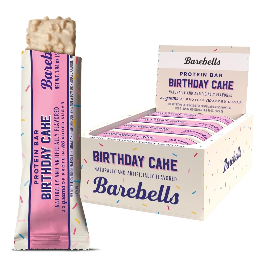 Barebells Protein Bars Birthday Cake - 12 greve, 20g High Protein Treats - Chocolate Nutrition Bar med 1g Total Sugars - On-The-Go Breakfast eller Post-Workout Snack