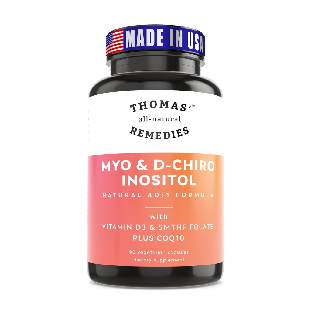 Thomas' all-natural Remedies Myo Inositol Supplement & D-Chiro Inositol Blend Supplement Folate ja D3-vitamiinin, 40-1 suhde, ei-GMO, Ei Fillers, CoQ10, 90 Vegan Kapselit