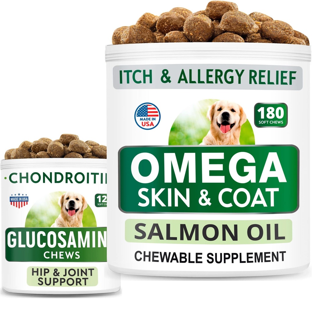 BARK & SPARK Glukosamin Dog Treats + Omega 3 för hundar Bundle - Hip Support och Joint Pain Relief Supplement + Fish Oil Chews for Shedding, Skin Allergy, Itch Relief, Skin and Coat Supplement