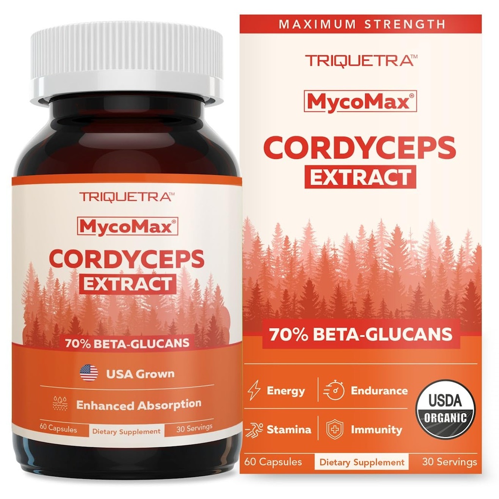 Organic Cordyceps Mushroom Extract - 70% Beta Glucans - Högsta aktiva näringsnivåer, Max Potency Cordyceps kapslar, US Grown + Ultrasonic Extraction - Prestanda, immunitet och energi - 60 kapslar