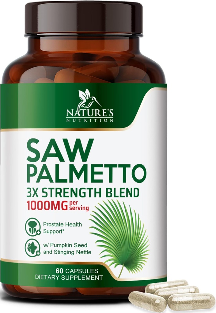 Saw Palmetto miesten 1000MG - 3X vahvuus Eturauhasten terveys täydentää - kasviperäistä uute täydentää - Eturauhas täydentää miesten terveystuki, eturauhasen virtsan ja hiusten terveys tuki - 60 kapselia