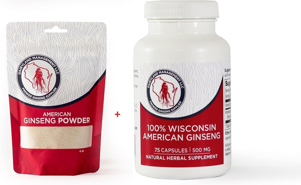 Dairyland American Ginseng Powder 4 oz och Capsules 75 ct Pack av Wisconsin Ginseng - Direkt från Farmer till Consumer