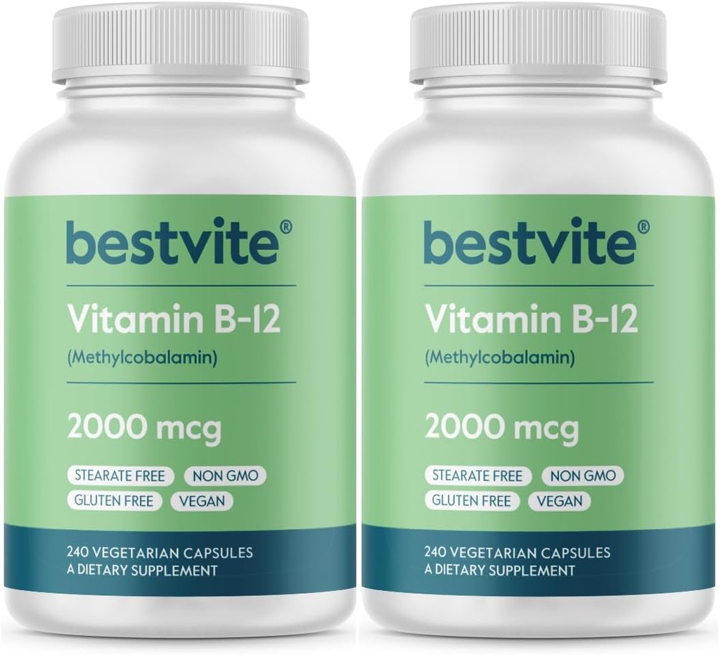 BESTVITE Vitamin B12 (Methylcobalamin) 2000mcg (480 vegetariska kapslar) (2 x 240) (Methyl B12) - No Stearates - Vegan - Non GMO - Gluten Free