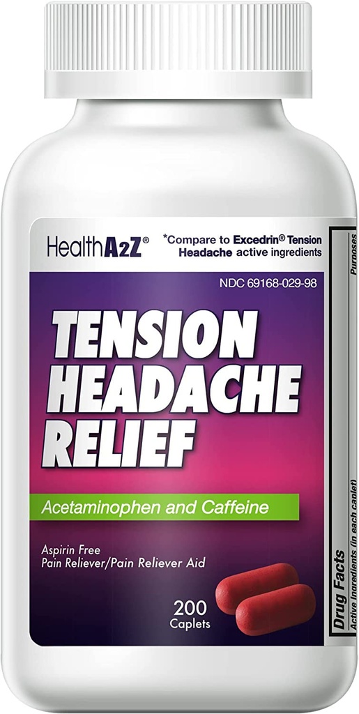 HealthA2Z® Tension Headache Relief | Acetaminophen 500mg | Koffein 65mg | Smärta Reliever Aid | Aspirin Free (200 caplets (Pack av 1))