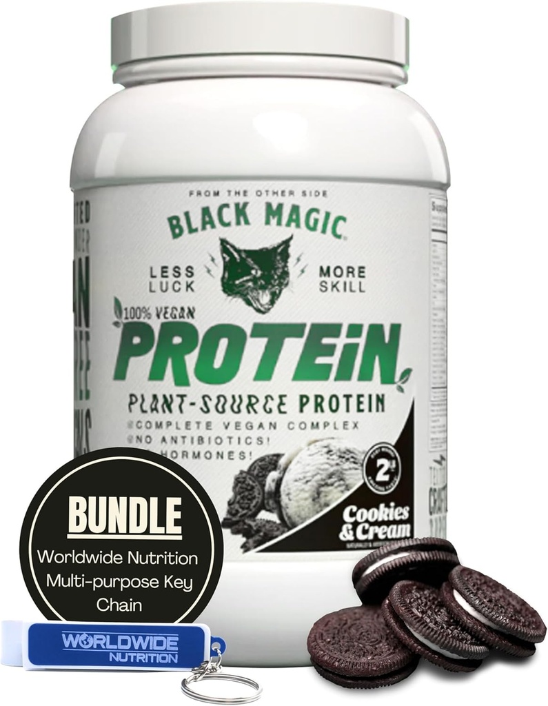 Worldwide Nutrition Bundle Kompatibel med Black Magic Multi-Source Protein Powder - Vegan Cookies och Cream | High Protein Powder, Low Carb, Low Sugar | Whey, Egg & Casein Blend - 2 LB med Keychain