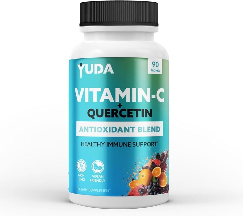 Yuda Quercetin Supplements with Vitamin C 1000mg - Super C Vitamin & Quercitin Formel för immunsupport berikad med Elderberry & Rose HIPS - Främjar ett hälsosamt immunsvar - 90 tabletter