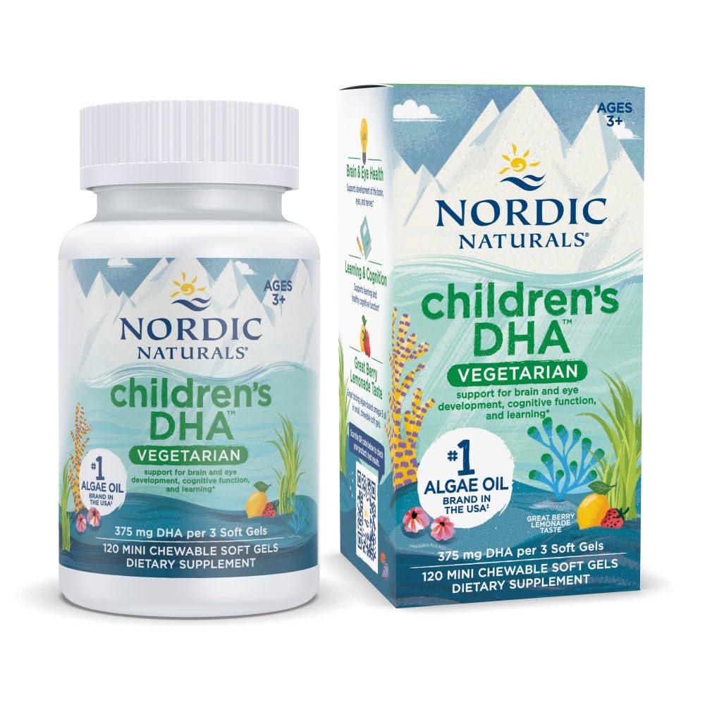 Nordic Naturals Lasten DHA Kasvisruokaa - Lapset DHA Omega-3 Supplement -Algae Oil - Berry Lemonade Mini Purutabletteja - Kasvispohjainen Formula ikäisille 3+ - 120 pehmeää geeliä - 40 tarjoilua