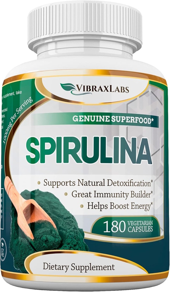 Vibraxlabs Spirulina Capsules - 100% Pure 1000mg Servering (500mg Veggie Capsules) Pulver Supplement, Stöder Naturavgiftning, Fördelar Hälsa på en cellnivå, Bäst med Chlorella