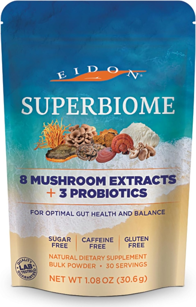 Eidon SuperBiome, Mushroom Probiootit Powder Blend, Gut Balance, Microbiome Health Supplement with Organic Reishi, Chaga, Lion's Mane, Cordyceps, Turkey Tail, Shitake, Maitake, Phelinus, 30 Tarjoilua