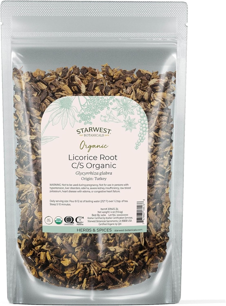 Starwest Botanicals Organic Dried Licorice Root - Herb för Loose Leaf Tea Blends, Candy, & Baked Goods, Cut & Sifted, Certified Kosher, Non-GMO - 4 oz Pouch
