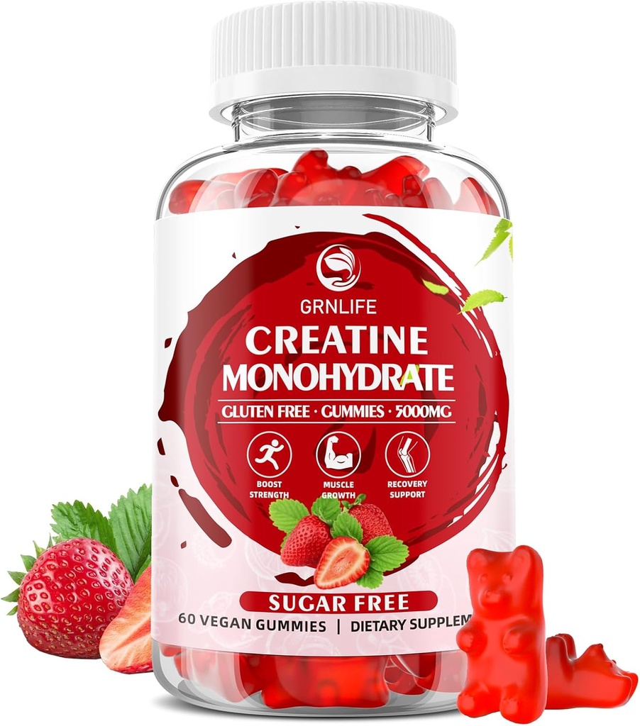Kreatinmonohydrat Gummies för män och kvinnor, Chewables Creatine Monohydrate för muskelstyrka, muskelbyggare, energiboost, sockerfri, Vegan, jordgubbssmak-60 greve