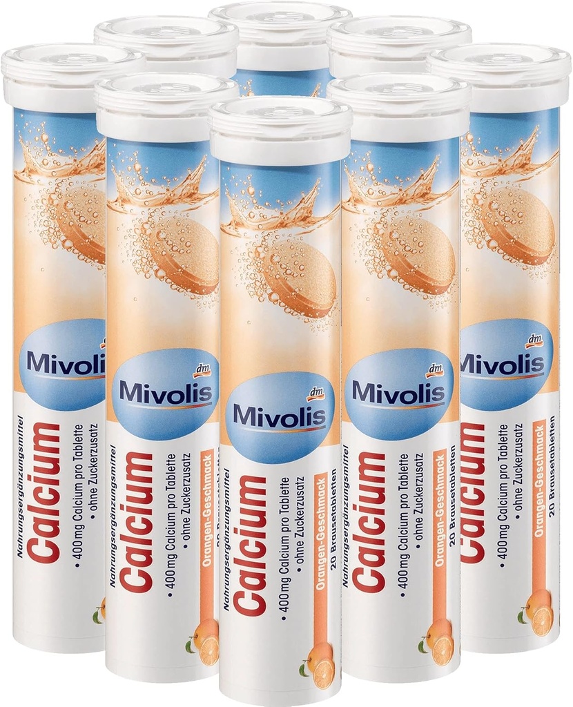Mivolis Calcium Effervescent Tablets - Dietary Supplements 8 Tubes x 20 stycken | Tyskland
