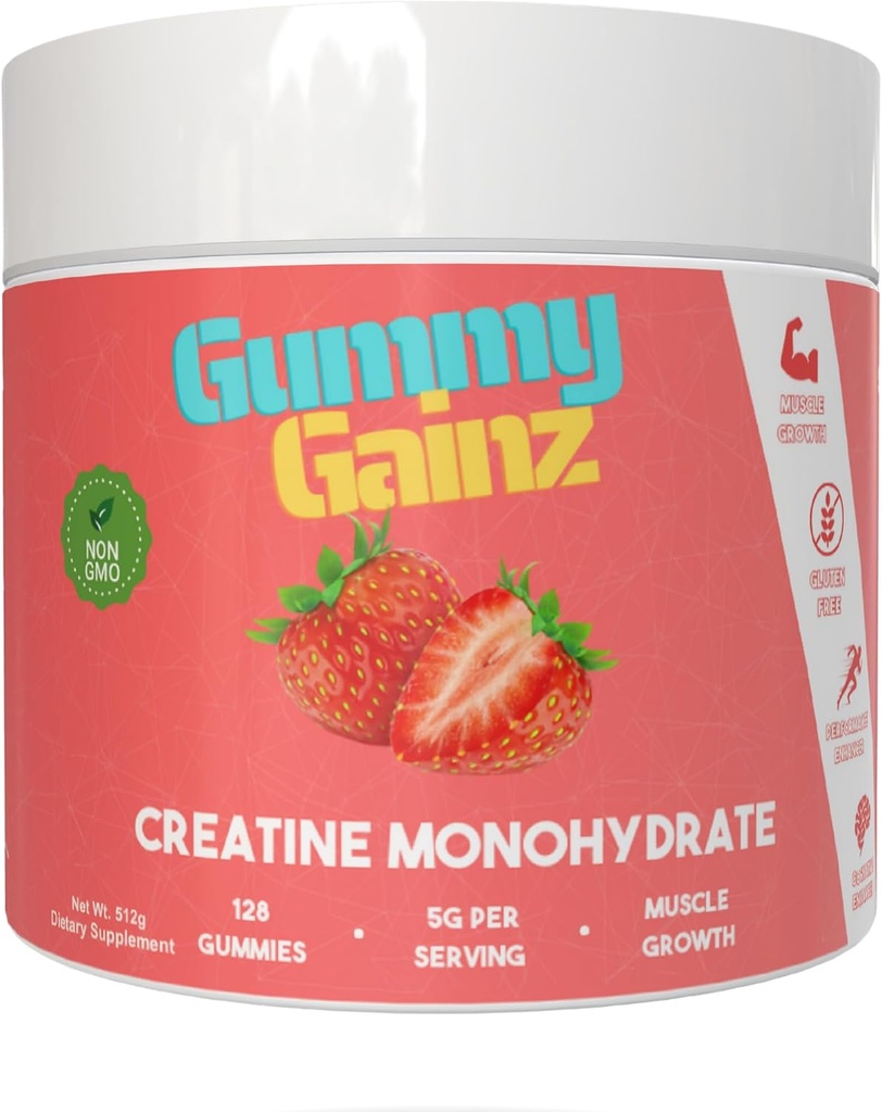 Kreatiini Monohydraatti Gummies Lihas vahvuus Builder Gain Nopeampi Recovery 5000 mg miehille ja naisille Boost Energy Pre-Workout purutabletteja täydentää 128ct (Regular, mansikka)