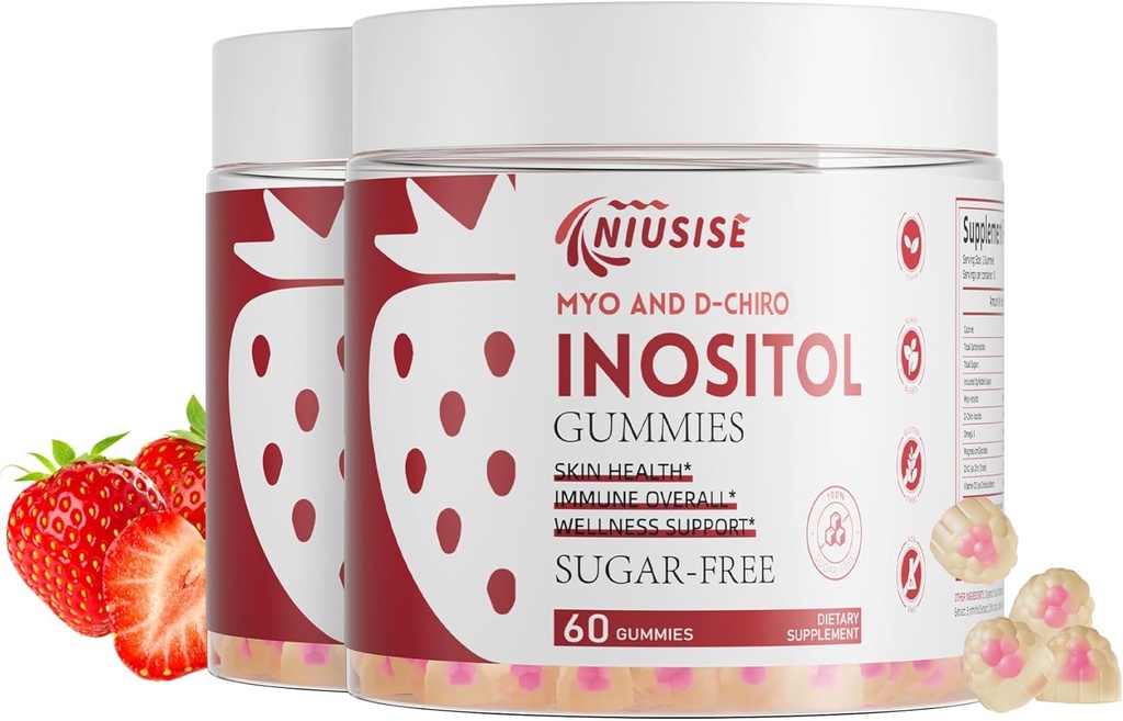Inositol Gummies, Inositol Supplement med Myo-Inositol & D-Chiro Inositol + Vitamin D3, Ideal 40:1 Ratio, med Magnesium Glycinate 400mg, stöder regelbunden cykel för kvinnor, Vegan, 2 Pack