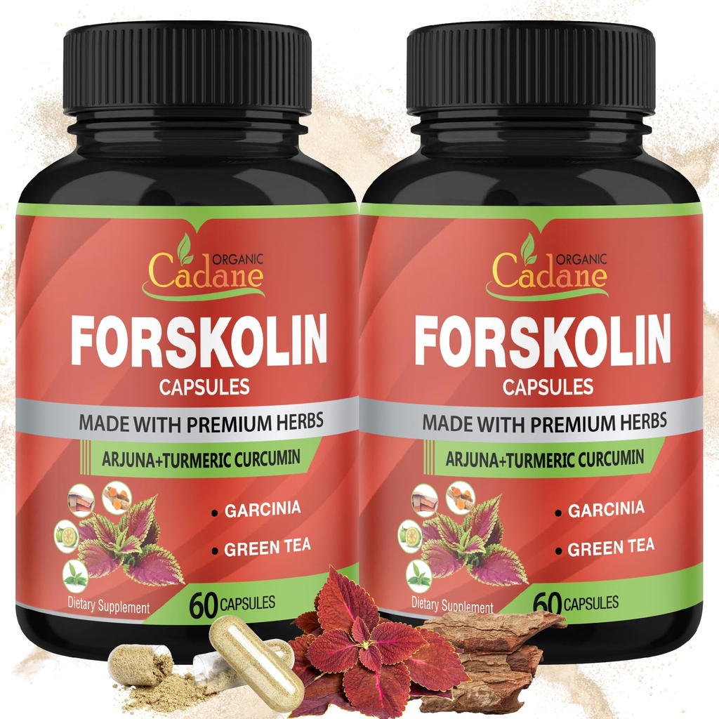 Cadane 2 pakkausta Forskolin lisälehdet kapselit & Turmeric, Arjuna, Garcinia Cambogia, Vihreä tee - Maksimi vahvuus Coleus Forskohlii Extract - Tuki immuunijärjestelmä - 4 kuukautta Supply