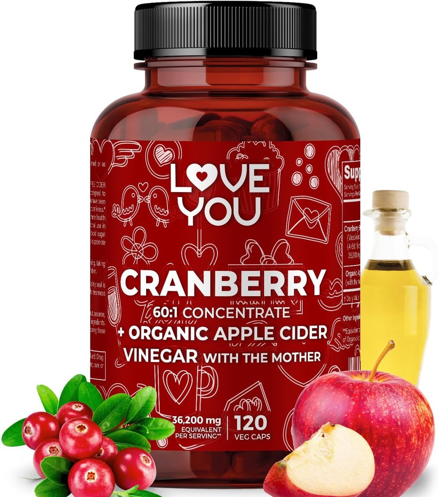 Love You Cranberry 60:1 uute + Organic Apple Siideri Viinietikka Max Vahvuus 36,200 mg Ekvivalentti 120 Vegaanikapselit