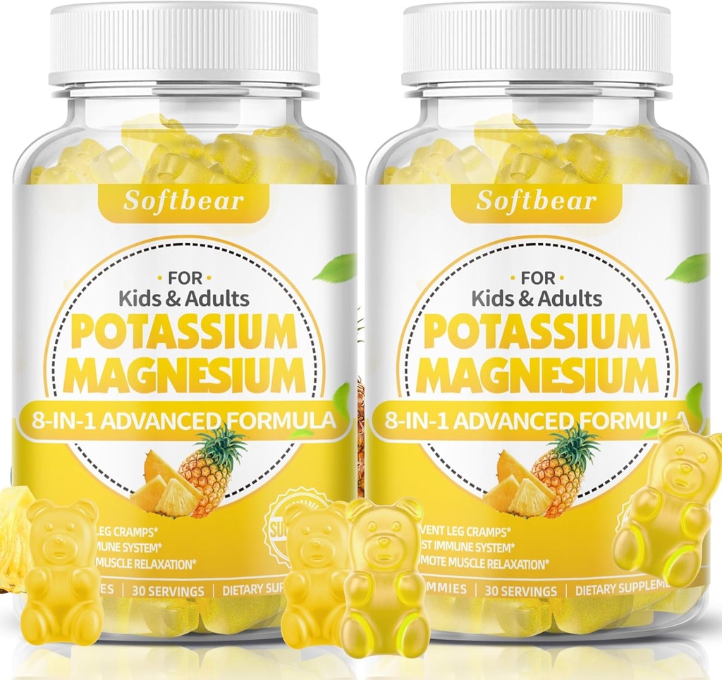 Softbear Potassium Gummies för vuxna, Sugar-Free Potassium Magnesium Supplement med vitamin B6 CoQ10 för muskelkramper Vegan Pineapple smak 120 Gummies