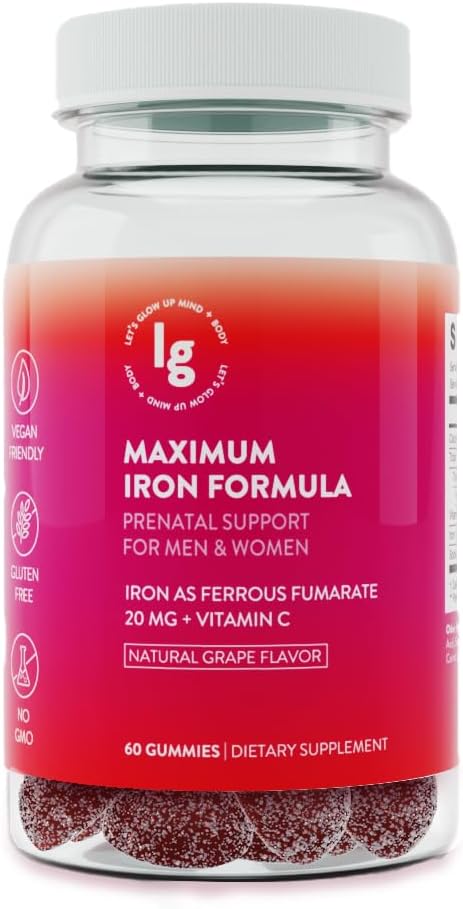 Iron Gummies 20 mg High Imeytyminen Rauta + C-vitamiini, B12 & Folaatti Vegaani, ei-GMO, gluteeniton energia & anemia Tuki 60 Ct