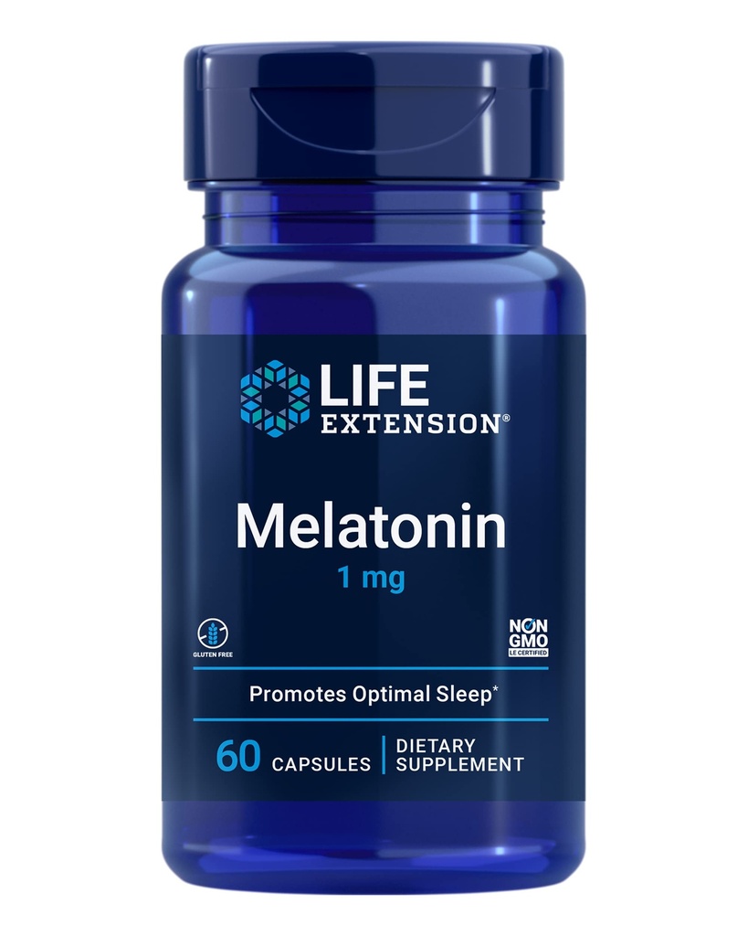 Life Extension Melatoniini 1 mg - Rauhallinen yö, Hormonitasapaino, ja immuuniterveys - Välittömästi vapauttava - Gluteeniton, ei-GMO - 60 kapselia