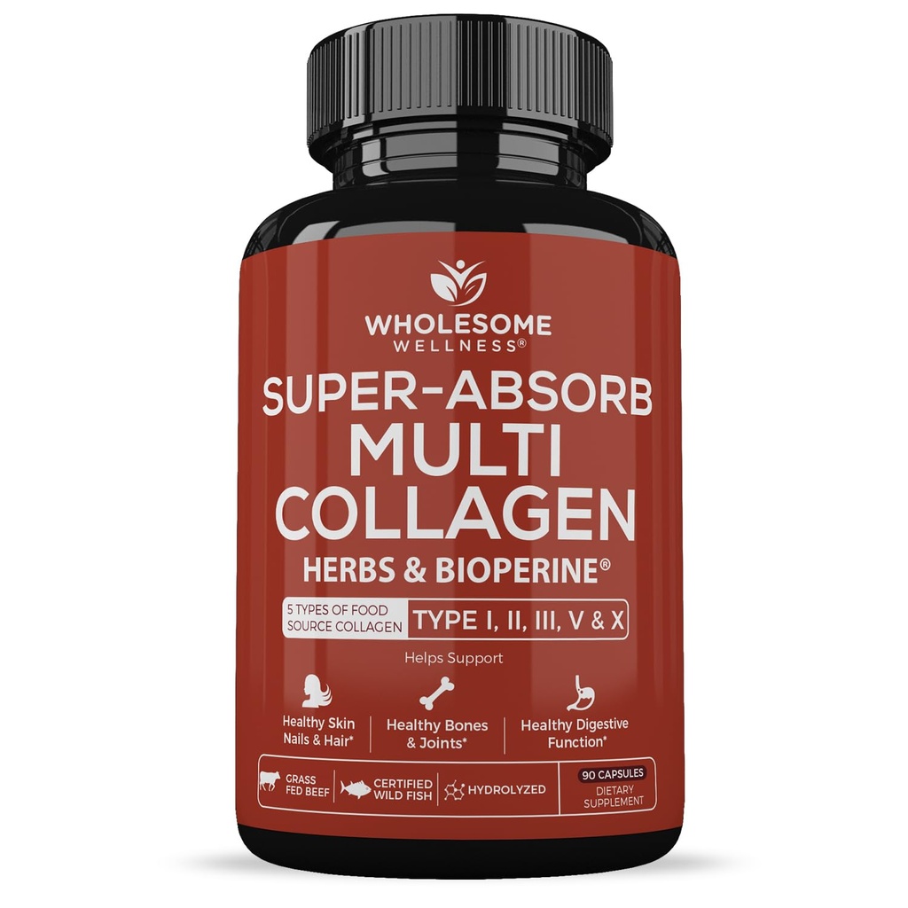 Terveellinen hyvinvointi Super-Absorb Multi Collagen Pillerit (tyyppi II III V X) Organic Yrtit & Bioperine - Hiukset, iho, kynnet - Hydrolysoitu Peptides proteiini täydentää naisille ja miehille (90 kapselia)
