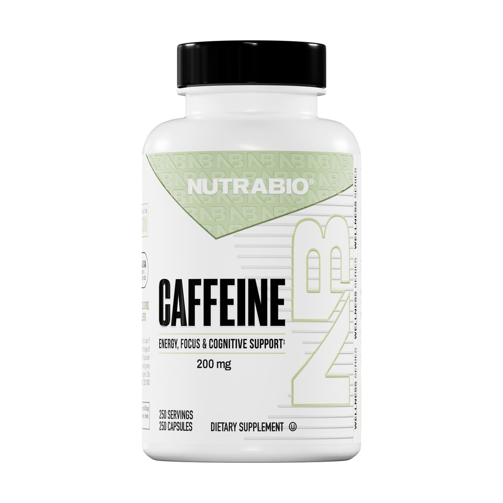 NutraBio 100% puhdas kofeiinikapseli (250 kapselia)