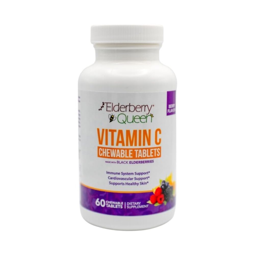 Elderberry Queen pureskeltava C-vitamiini 500 mg - Immuuni Boost & Antioksidantti Tuki Tabletit A-vitamiini, E & Organic Echinacea, Vanhimmat hedelmät, Acerola - Natural Dietary Supplement, 60