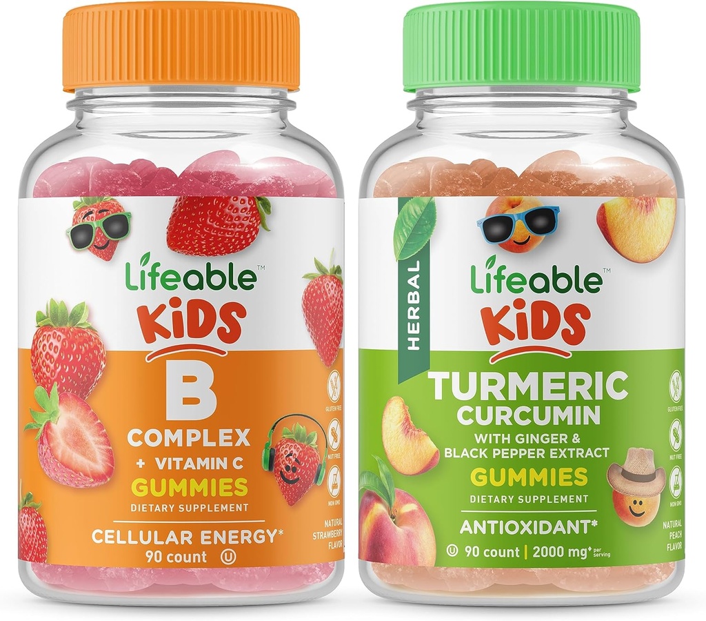 Livliga B-komplexa barn + gurkmeja Curcumin Kids, Gummies Bundle - Great Tasting, Vitamin Supplement, Gluten Free, GMO Free, Chewable Gummy