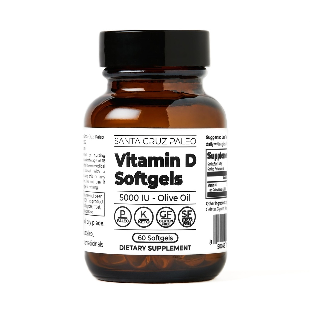 Santa Cruz Paleo D-vitamiinilisä, Bone Health & Immuno Support, 5000 i.u Per Softgel, Gluteeniton, Keto, Sokeriton, Paleo, D3-vitamiini, Olive Oil for Absorption, Natural Ingredients, 60 Softgels