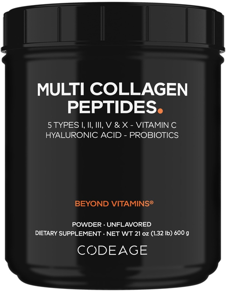 Koodage Multi Collagen Peptides + Probiootit Black Edition, C-vitamiini, Hyaluronihappo Powder Supplement, Grass-Fed, Pasture-Raized, Hydrolysoitu, Zero Carbs, tyyppi I, II, III, V & X, Ei makua, 21oz