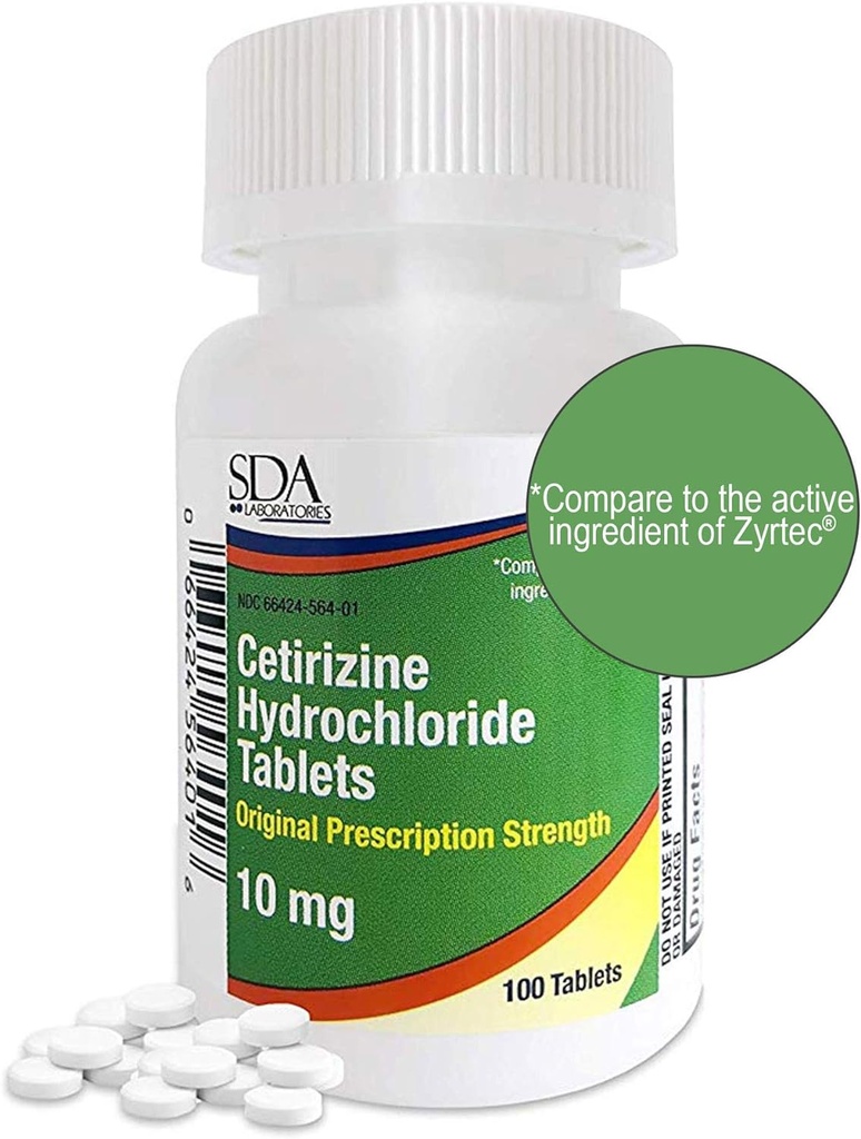 SDA Laboratories Allergy Medicine 100 Count Antihistamiini Allergies, Pollen, Hay Fever, Kuiva, kutiava silmät Setiritsiini HCl 10 mg tabletit