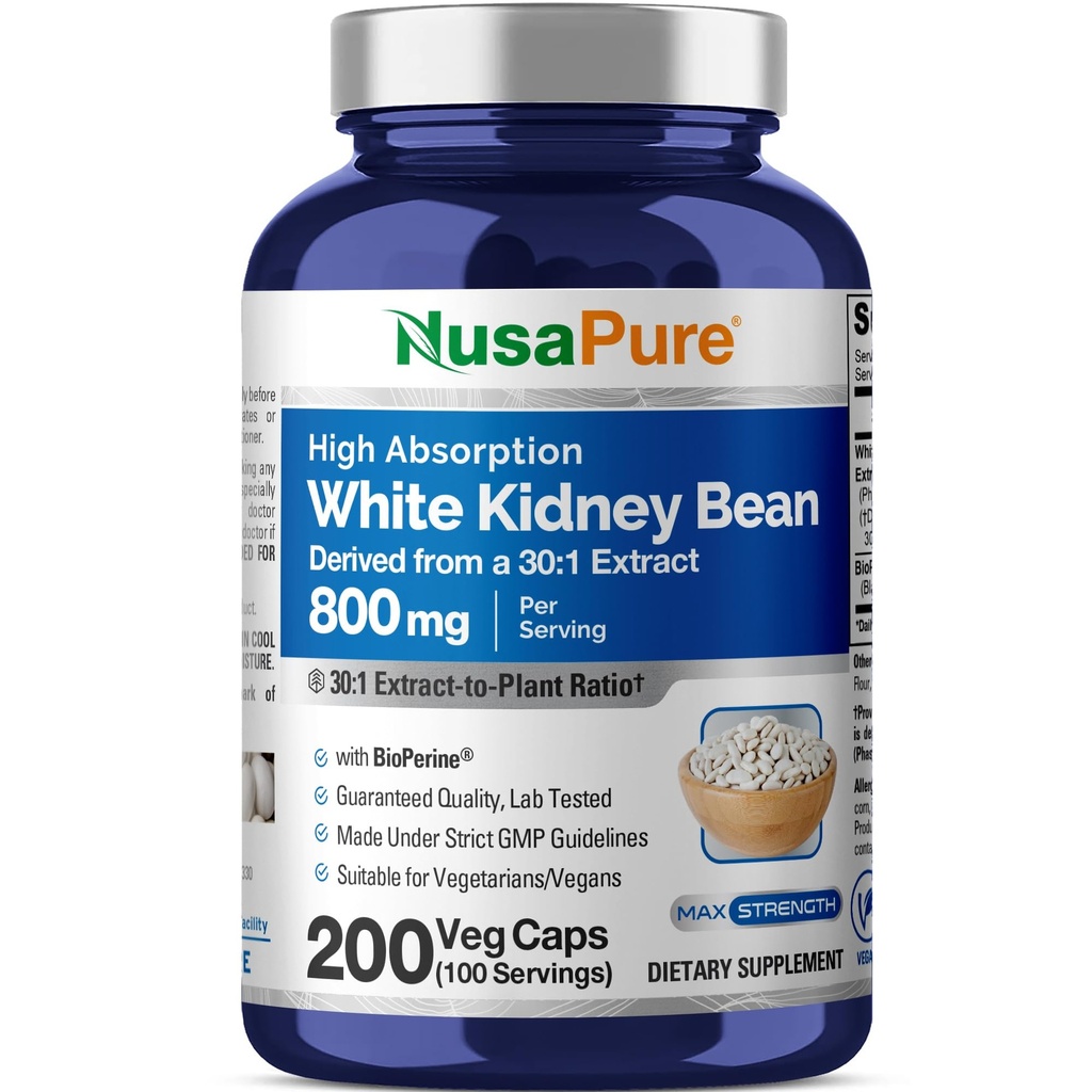 NusaPure White Kidney Beans 30:1 Extract, 800 mg Equivalent till 24,000 mg 200 Vegan Capsules - Bioperine - (Vegan, Non-GMO)