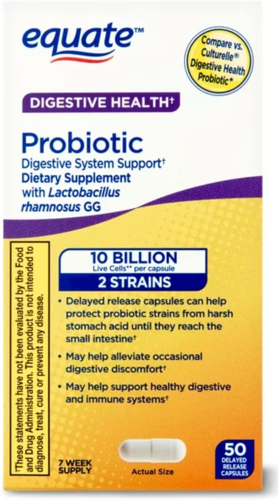Equate Probiotic Supplement Ruoansulatuselimistön tuki - yleinen Ruoansulatuskanavan tuki - Minimoi Ummetus, ripuli, kaasu & turvotus - Delayed Release Kapselit, 50