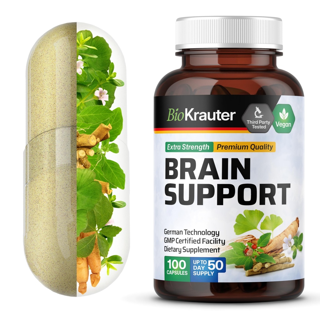 BIO KRAUTER-aivojen lisäravinteet - 100 mg - 1300 mg Ashwagandha, Panax Ginseng ja Ginkgo Biloba - Vegaani, Ei täyteaineita