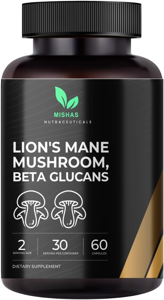 Mishas Lions Mane Supplement - Organic Lions Mane - Brain Health Support - Mushroom Support för Focus & Memory, Immune & Nervous Function System Women & Men - 60 Vegan Capsules