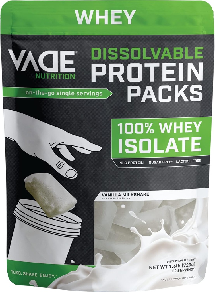 Vade Nutrition Dissolve Protein Packs - 100% Whey Isolate Protein Powder Vanilla Milkshake - Low Carb, Low Calorie, Laktoositon, Sokeriton, Rasvaton, Gluteeniton - 30 Packets to Go