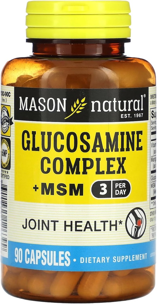 MASON NATURAL Glukosamiini Complex Plus MSM kanssa C-vitamiini - tukee yhteistä terveyttä, parempi joustavuus ja liikkuvuus, 90 kapselia
