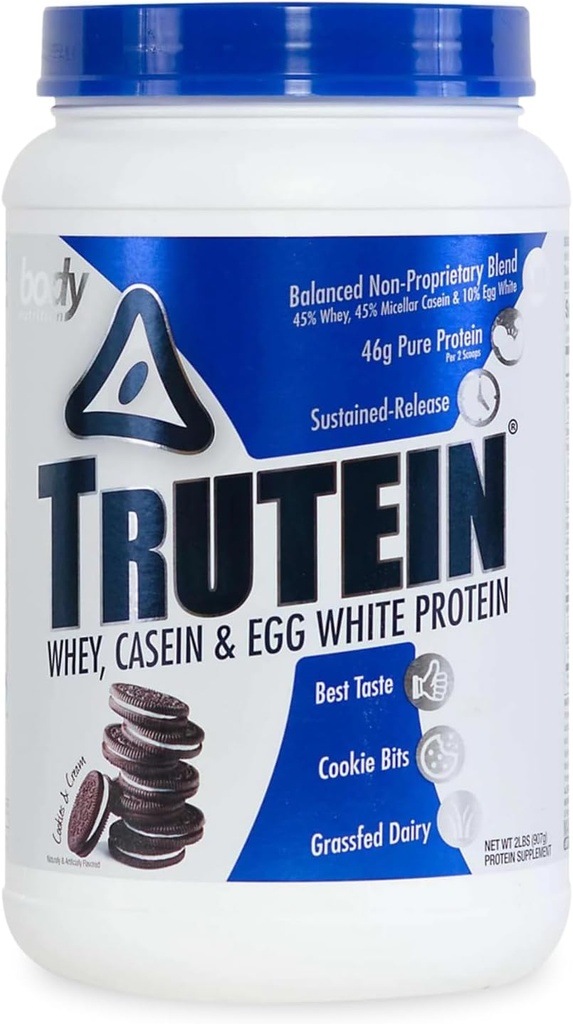 Body Nutrition Trutein High Protein Powder: 45% Whey, 45% Kaseiini, 10% Egg White Protein Shake Mix, Low Sodium, Low Carb Protein Supplement Powder for Men & Women, Cookies & Cream, 2lb