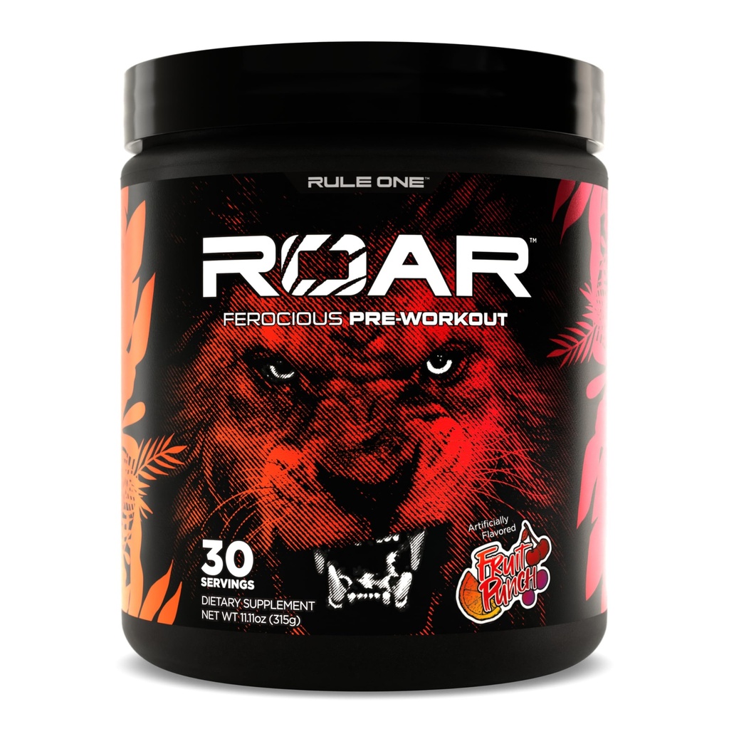Regel 1 R1 Roar - Pre-Workout Powder med Kreatin, Beta-Alanin, Citrulline, Electrolytes & Caffeine (30 portioner, Fruit Punch)