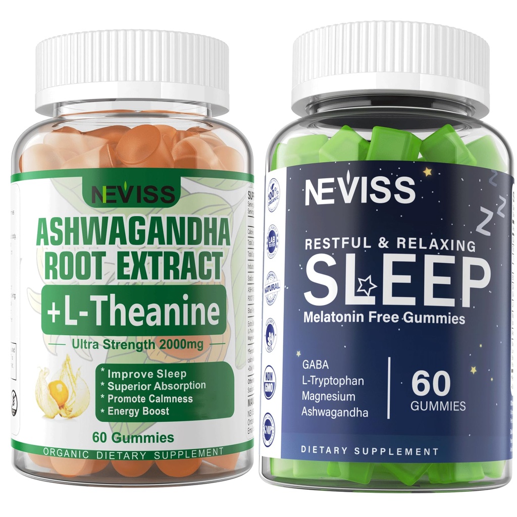 NEVISS Melatoniinin vapaa uni Gummie + Ashwagandha Gummie 2000mg