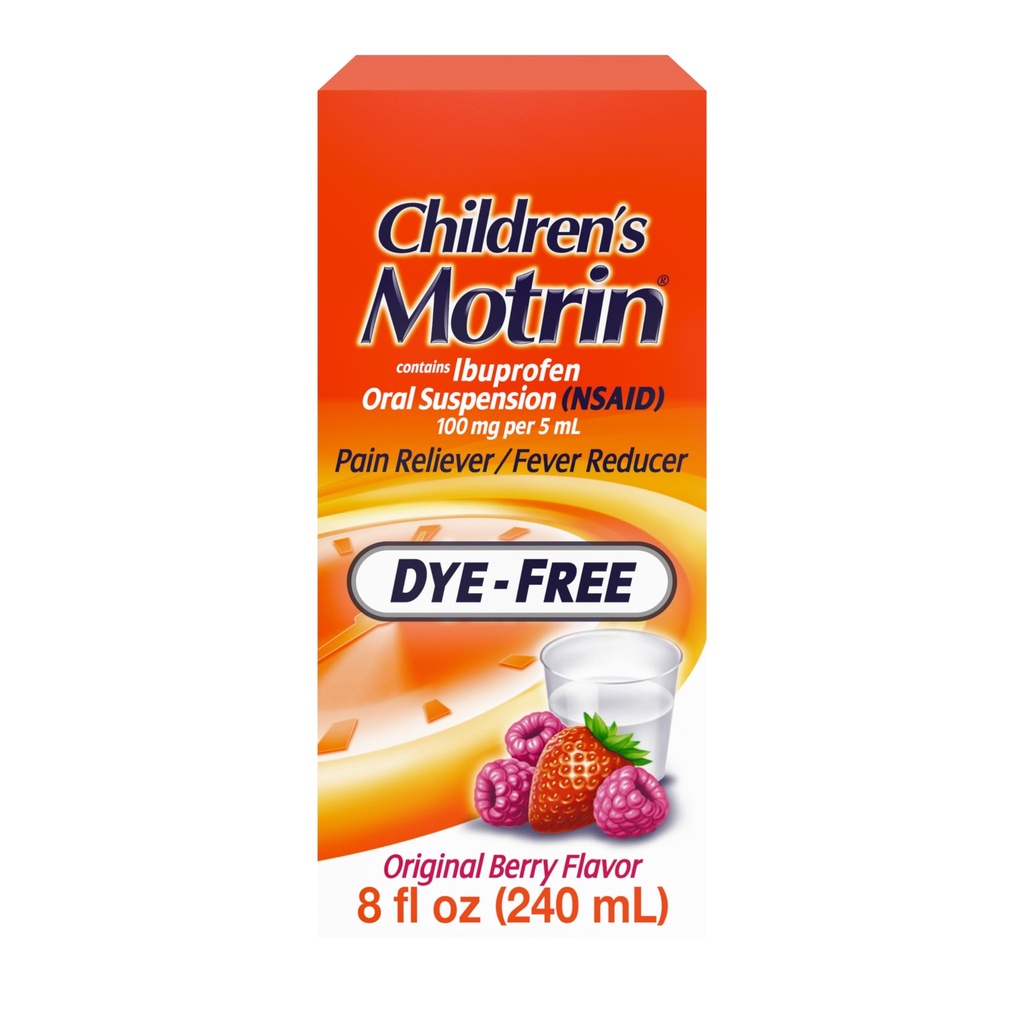 Barnens Motrin Oral Suspension 100mg Ibuprofen Medicine, NSAID Fever Reducer & Pain Reliever för mindre värk & smärta på grund av kall och influensa, Dye Free, alkoholfri, Berry Flavored, 8 fl. oz