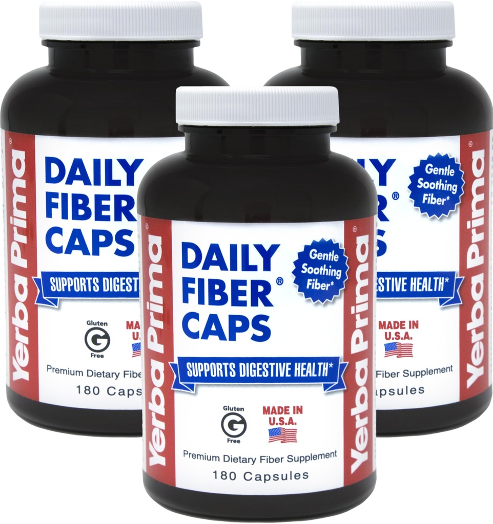 Yerba Prima Daily Fiber Kapselit, 180 Caps (Pack of 3) - Liukoinen ravintokuitu täydentää - Colon Cleanse - Gut Health - Ummetus Relief, Vegan, ei-GMO, Gluteeniton