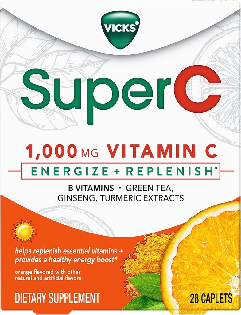 Vicks Super C Energize + Replenish Daytime Ravintolisä C-vitamiinia, B-vitamiinia, vihreää teetä, Ginseng, ja Turmeeriset uutteet auttaa täydentämään välttämättömiä vitamiineja*, 28 Caplets