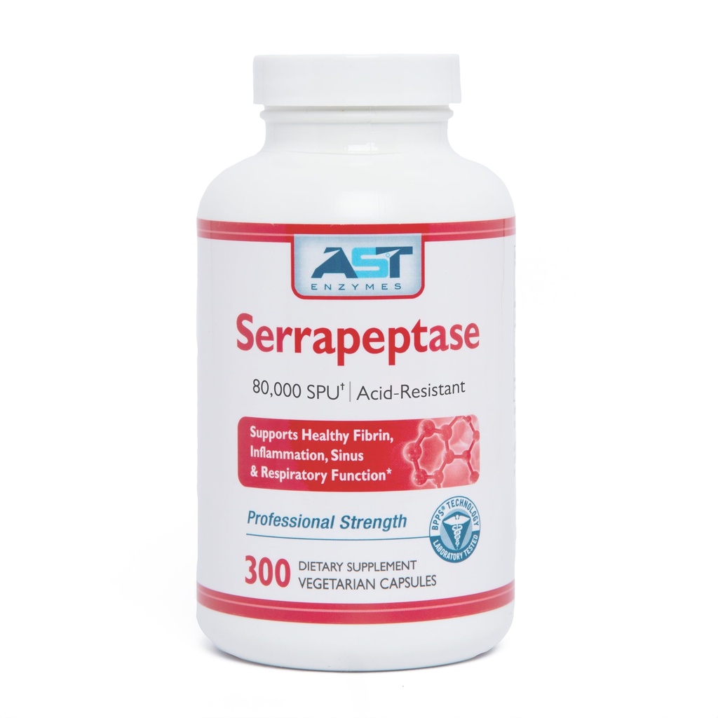 AST Enzymes Serrapeptase 80 000 SPU – 300 vegetariska kapslar – Premium Natural Systemic Enzymes – Acid-Resistant Serrapeptase
