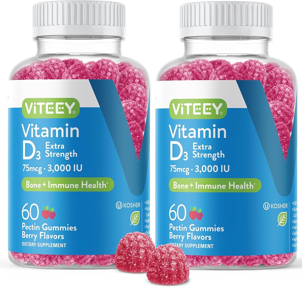 D3-vitamiini Gummies for Aikuinen & Teini - 3000 IU, 75 mcg, Extra Strength - Joint & Muscle Health, Immuuni Boost - Pureskeltava D-vitamiini Gummies - Kasvisruokaa, Liivate - Maukas Marja maku