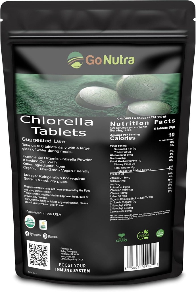 Organic Clorella Tablets Broken Cell, 3000 mg per Serving, 1000 tablettia - Superfoods Rikas mineraalit, vitamiinit, klorofylli, aminohapot, rasvahapot, kuitu & proteiinit, ei-GMO & Vegan Friendly