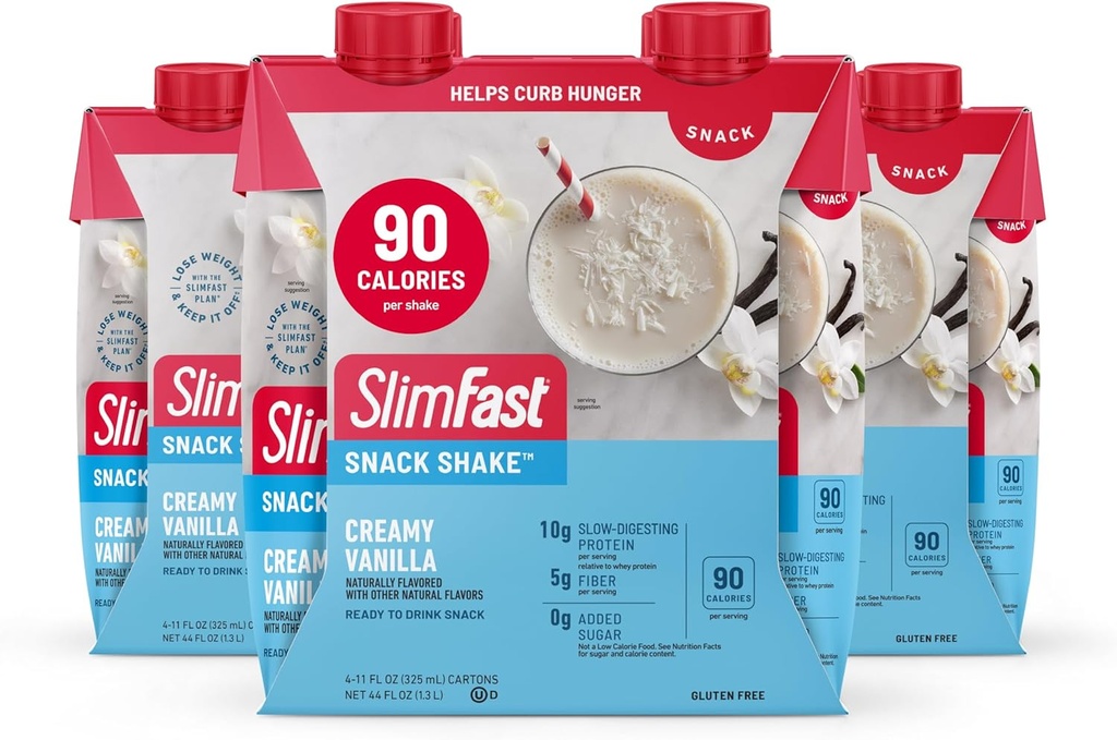 SlimFast Snack Shake, 90 Calorie kuitu Shake, valmis juomaan, proteiinijuoma, kermainen vanilja, 12
